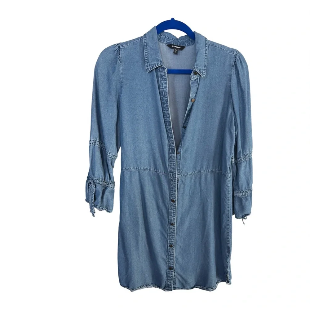 Express Light Denim Puff Sleeve Button Front Mini Shirt Dress Size S - Picture 11 of 11